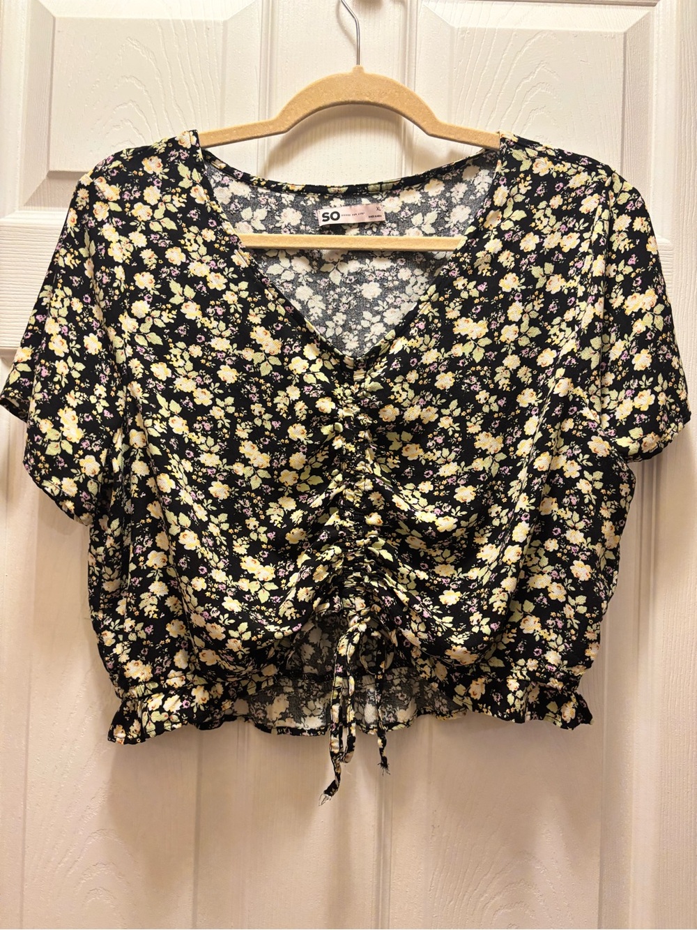 SO Black Floral Drawstring V-Neck Crop Top with Yellow and Cream Flowers